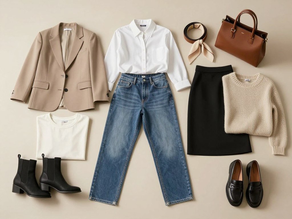 Everyday clothing pieces arranged for a capsule wardrobe Everyday clothing pieces arranged for a capsule wardrobe