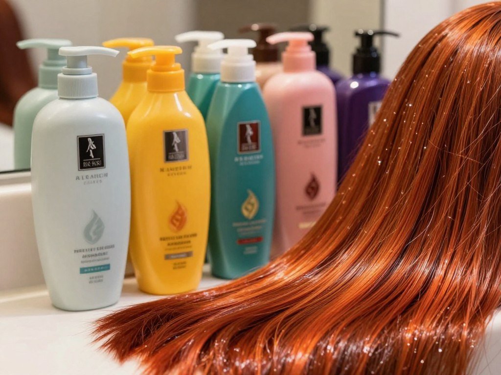 Everyday color protection shampoos arranged beside dyed hair Everyday color protection shampoos arranged beside dyed hair