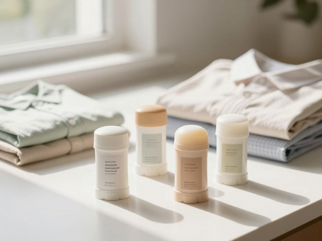 Everyday deodorant sticks beside folded shirts