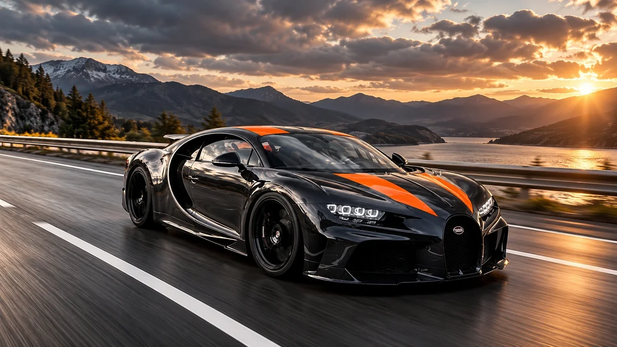 Black Bugatti Chiron with orange stripes driving fast along a mountain road at sunset.