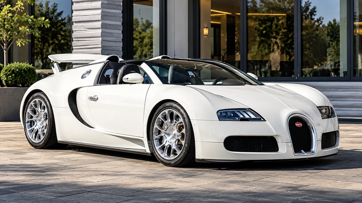 White Bugatti Veyron Grand Sport roadster with open top parked in front of a glass building.