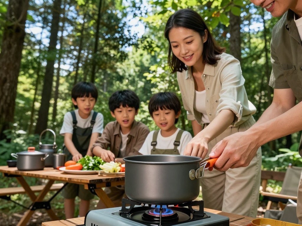 Family checking pot size before a camping meal