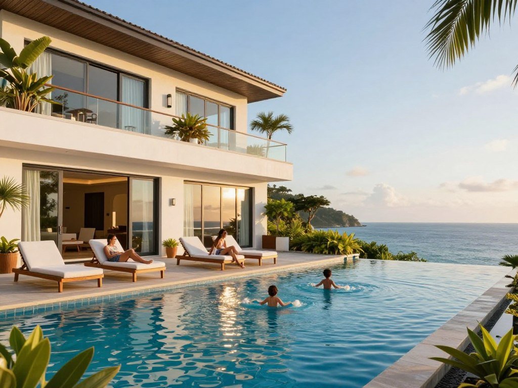 Family villa beside a resort pool with a broad ocean view