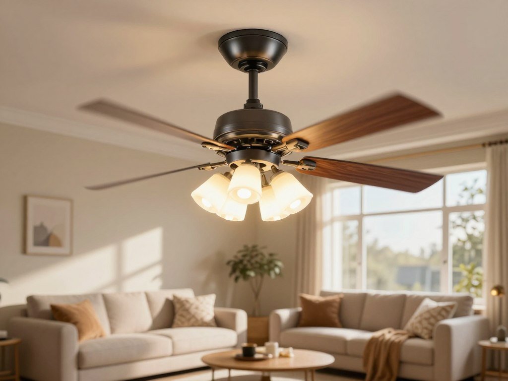 Fan blades moving air across a living room at different speeds Fan blades moving air across a living room at different speeds
