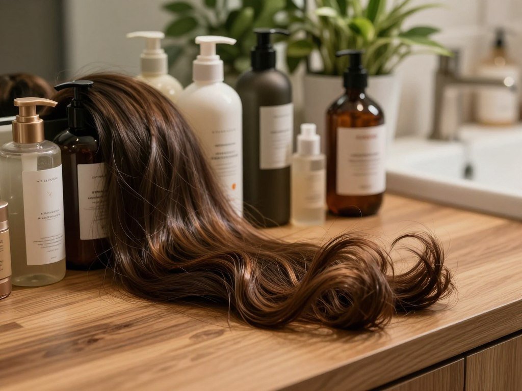 Fine and curly hair strands beside shampoo for different textures Fine and curly hair strands beside shampoo for different textures