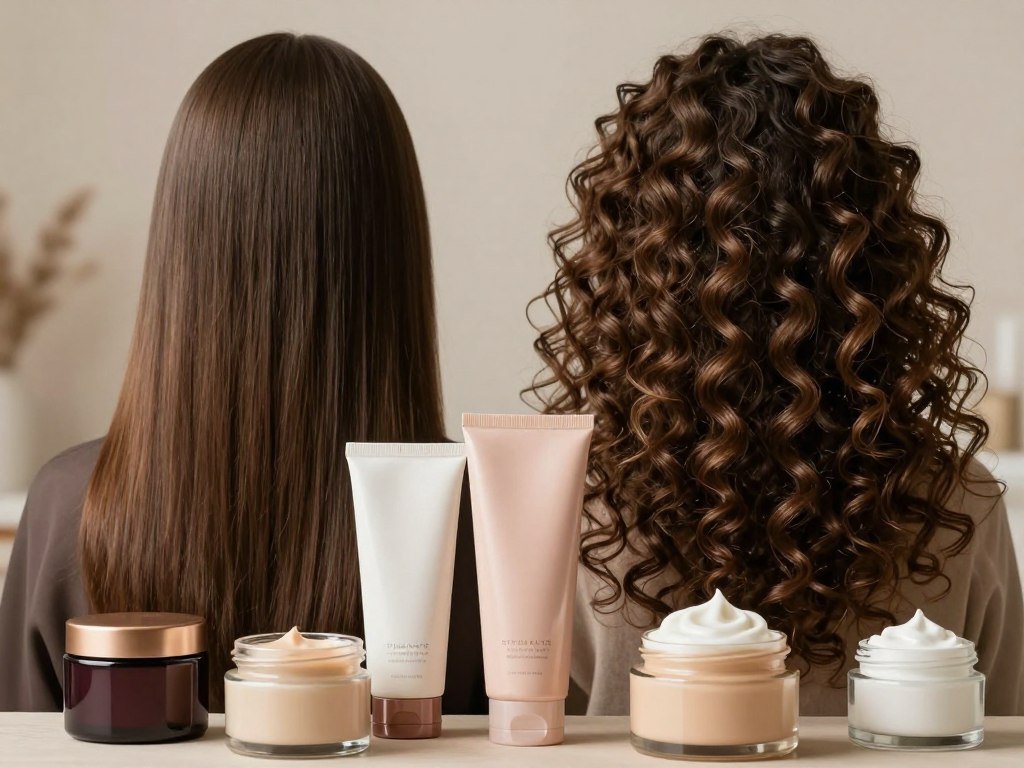 Fine hair and curly hair beside different conditioner textures Fine hair and curly hair beside different conditioner textures