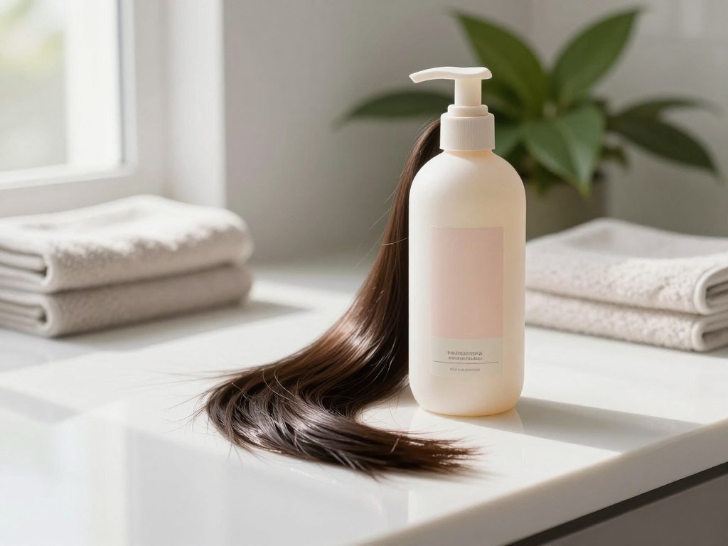 Fine hair lengths beside a light moisture shampoo bottle Fine hair lengths beside a light moisture shampoo bottle