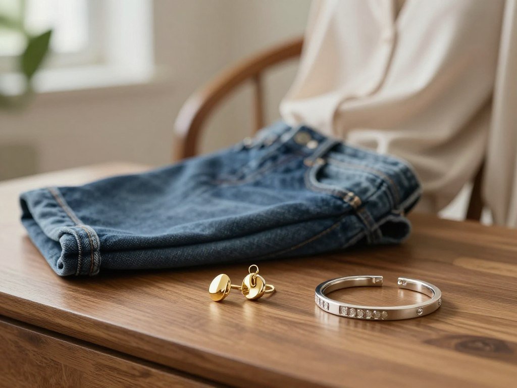 Fine jewelry in gold and sterling silver beside a daily outfit