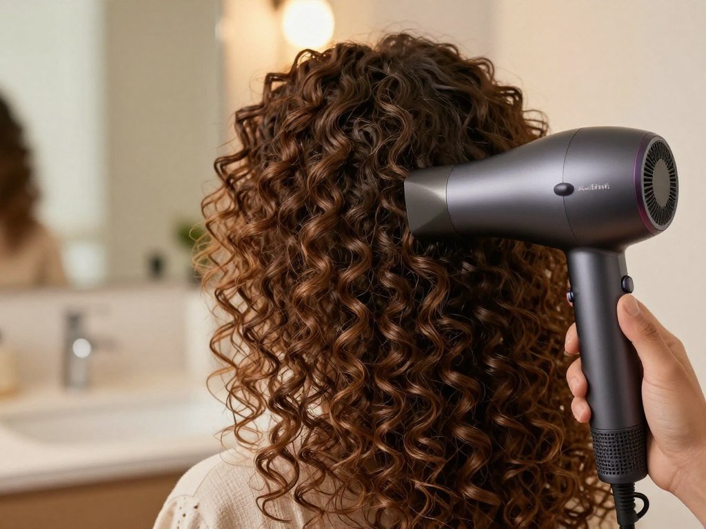 Fine, thick, curly, and coily hair beside a hair dryer