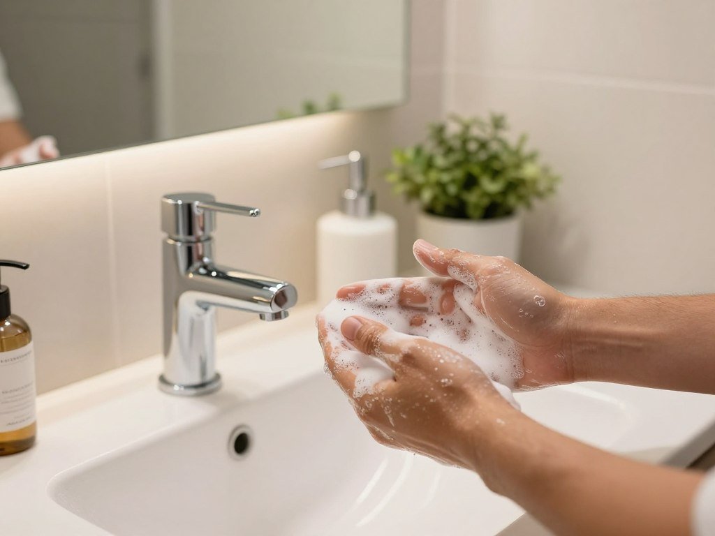 Fingertips gently apply face wash at a bathroom sink Fingertips gently apply face wash at a bathroom sink