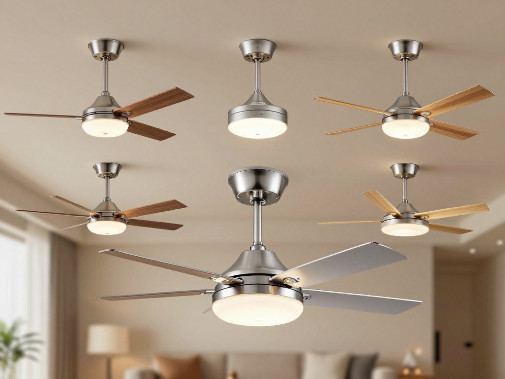 Five ceiling fans with lights compared by blade span and control Five ceiling fans with lights compared by blade span and control