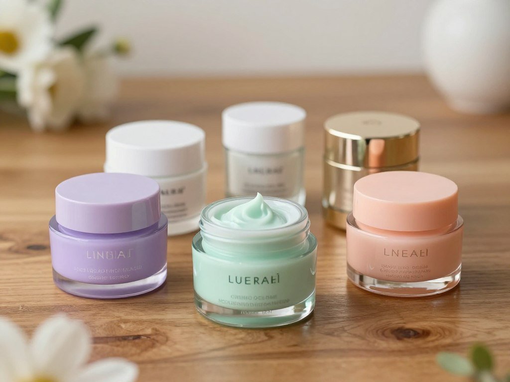 Five facial moisturizer jars arranged for a mature-skin comparison Five facial moisturizer jars arranged for a mature-skin comparison