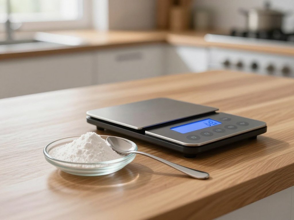 Five-gram creatine serving measured beside a kitchen scale Five-gram creatine serving measured beside a kitchen scale