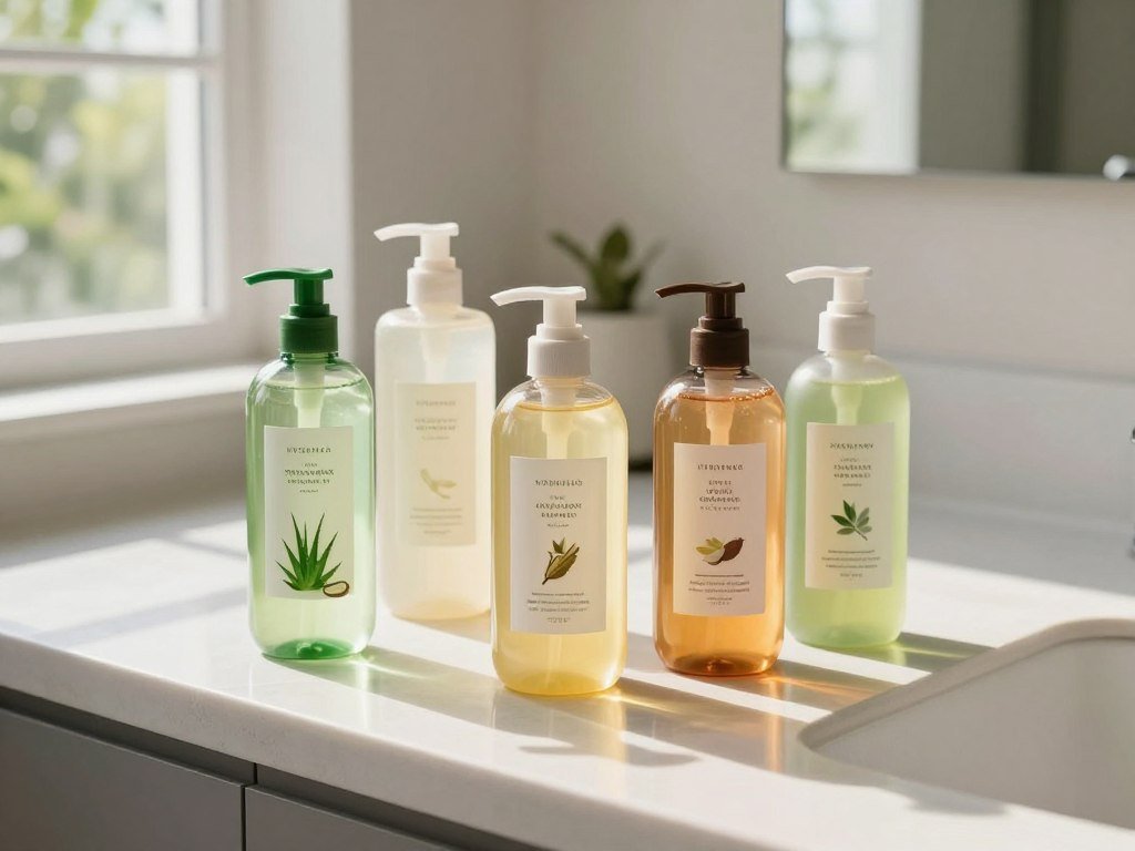 Five hydrating shampoo bottles with ingredient labels Five hydrating shampoo bottles with ingredient labels