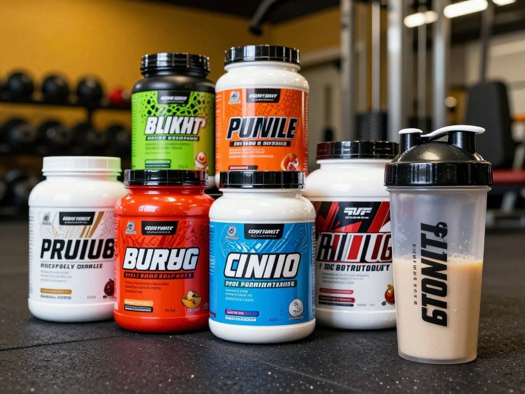 Five pre-workout tubs arranged beside a gym shaker