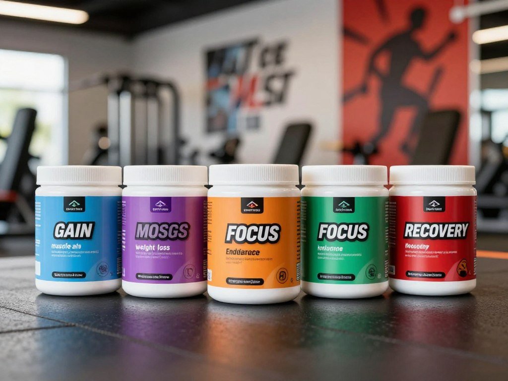 Five pre-workout tubs lined up by training goal Five pre-workout tubs lined up by training goal