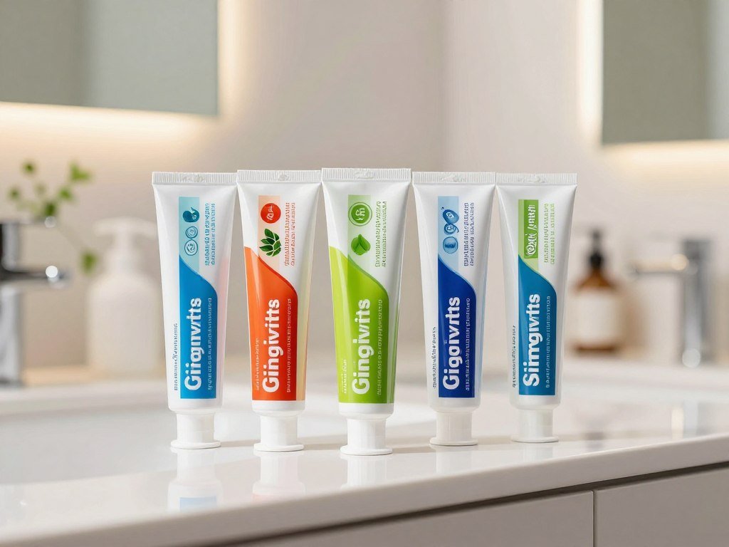 Five toothpaste tubes arranged for comparing gum health needs