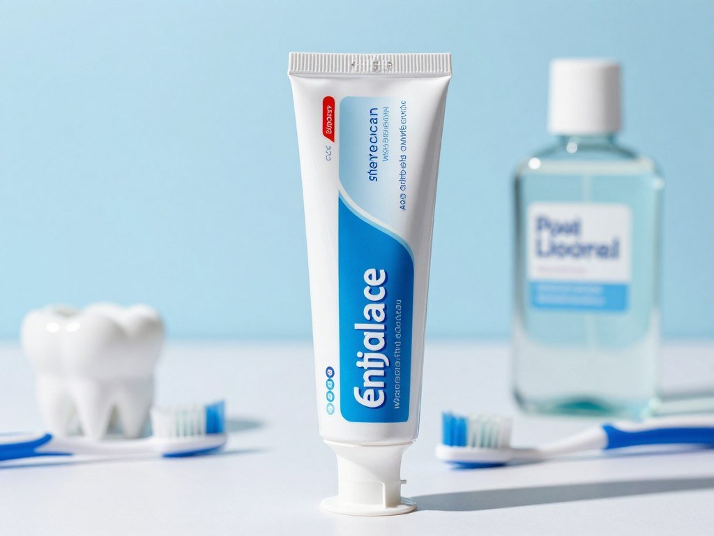 Fluoride toothpaste beside a label showing enamel care claims