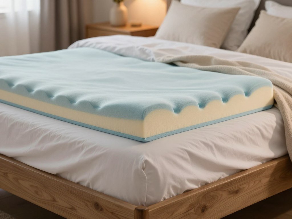 Foam mattress topper adding cushioning across a firm bed Foam mattress topper adding cushioning across a firm bed