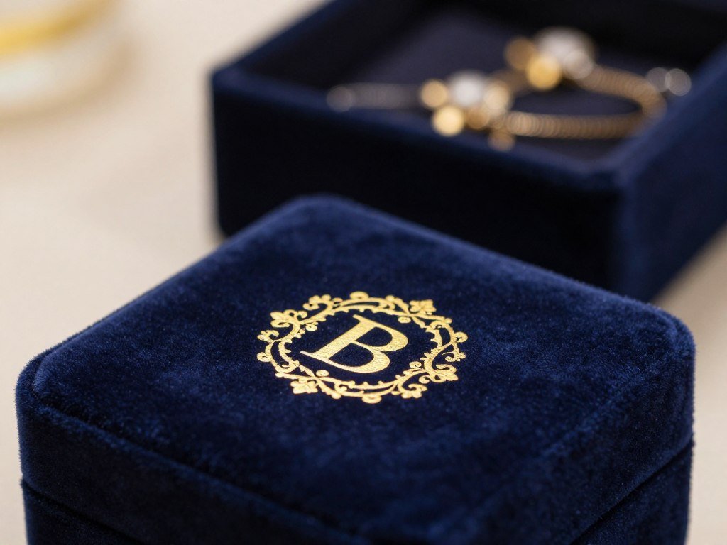 Foil logo on luxury jewelry packaging beside a box