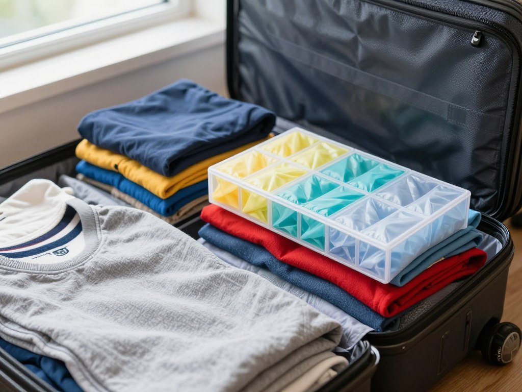 Folded clothes and packing cubes arranged beside a carry-on