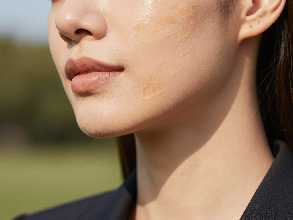 Foundation shade stripes along a jawline in daylight