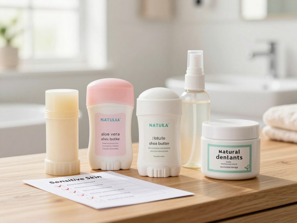 Four deodorant formats arranged beside a sensitive-skin checklist
