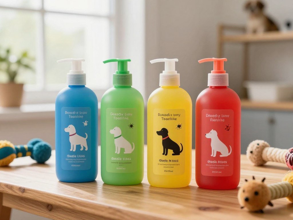 Four flea tick shampoo bottles compared for dogs