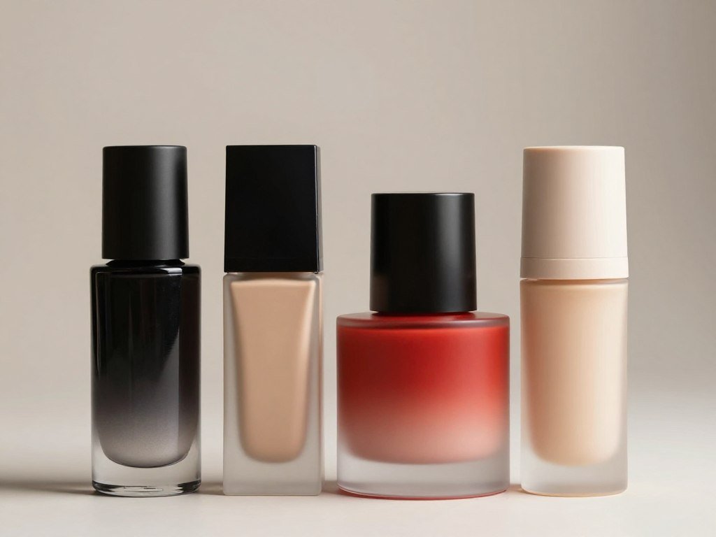 Four foundation bottles with varied coverage and matte finishes Four foundation bottles with varied coverage and matte finishes