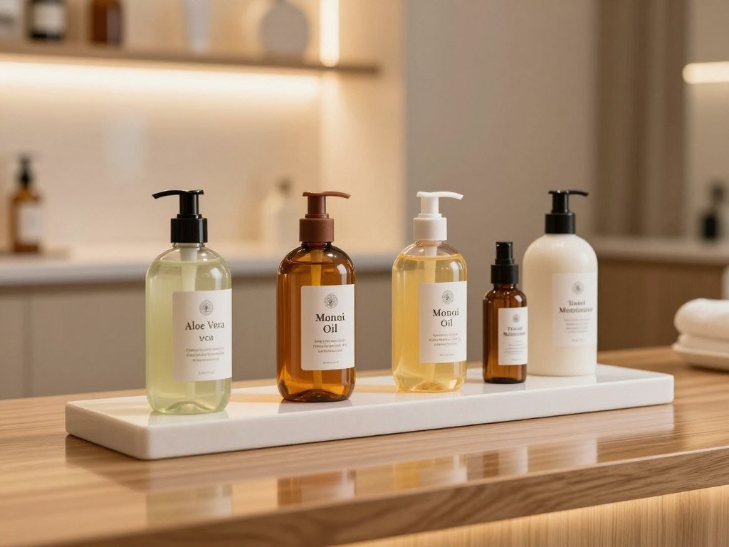 Four indoor tanning lotion formula types compared on a counter