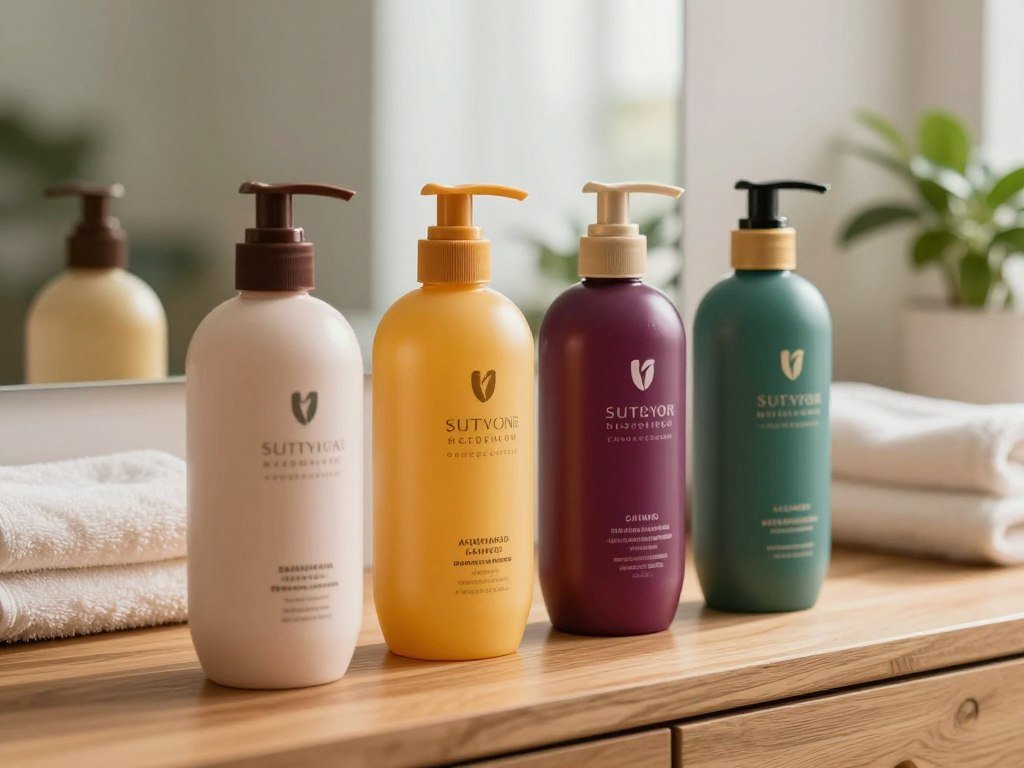 Four shampoos lined up for damaged hair care comparisons Four shampoos lined up for damaged hair care comparisons