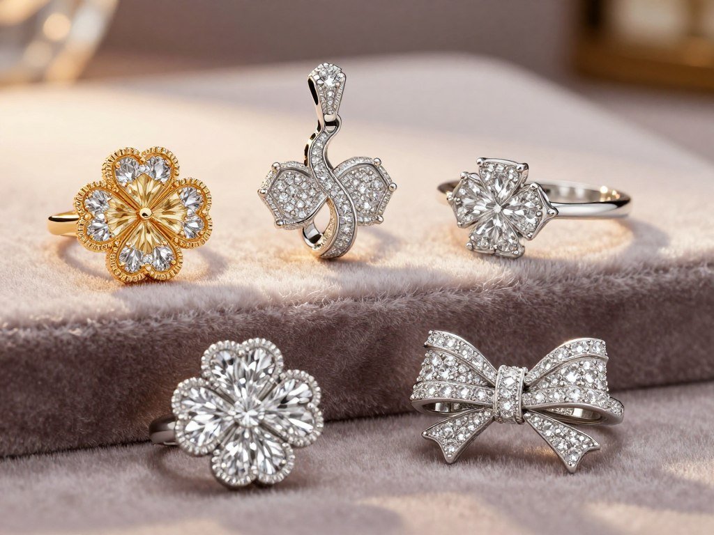 Four signature jewelry designs with clover, serpent, diamond, and bow shapes