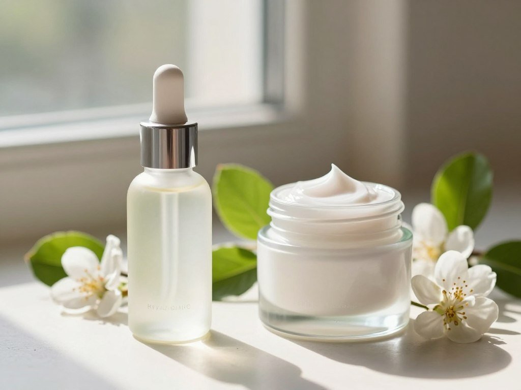 Fragrance-free hyaluronic acid serum beside a moisturizer Fragrance-free hyaluronic acid serum beside a moisturizer