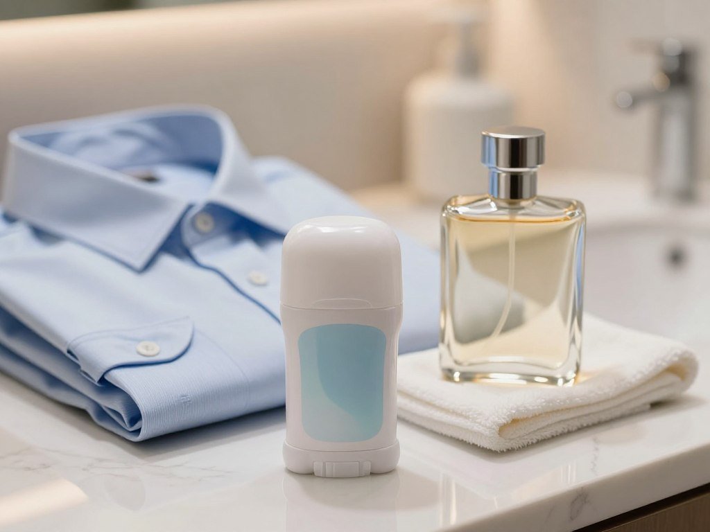 Fresh deodorant and shirt beside a bottle of cologne