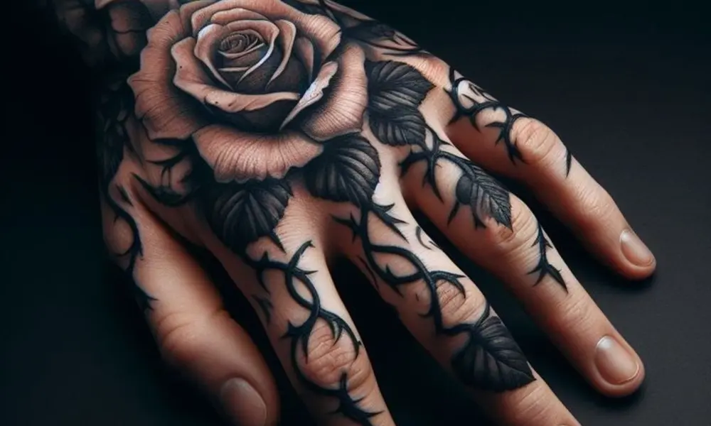 Close-up of a hand covered in dark floral tattoos, with a large shaded rose and leaves across the back; the intricate ink feels dramatic and bold.