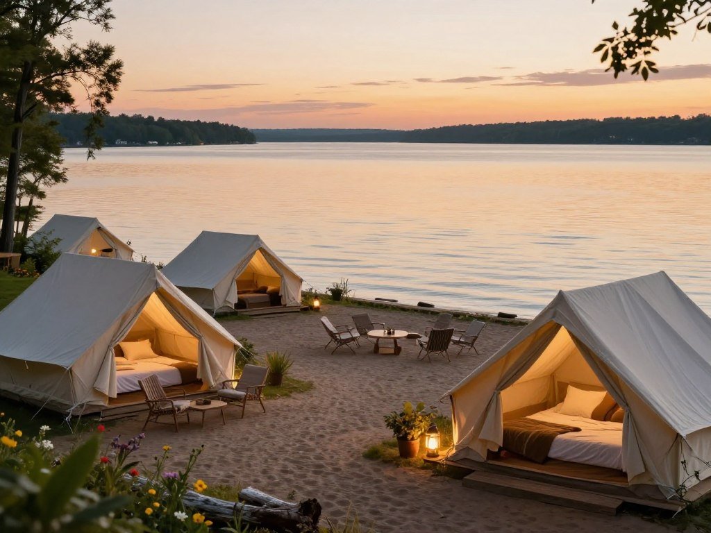 Furnished canvas tents at a Michigan lakeshore stay Furnished canvas tents at a Michigan lakeshore stay
