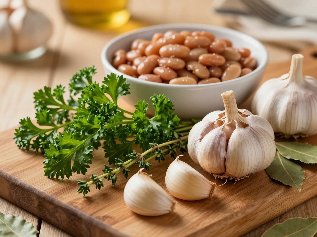 Garlic, parsley, thyme, and bay leaf for bean flavor