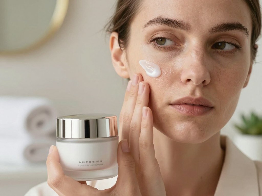Glycerin and ceramide moisturizer beside a face with dry skin Glycerin and ceramide moisturizer beside a face with dry skin