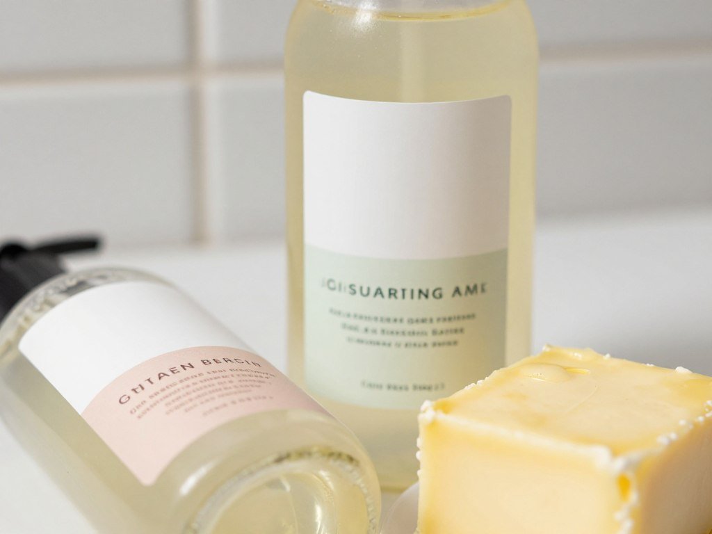 Glycerin and shea butter labels beside a hydrating body wash
