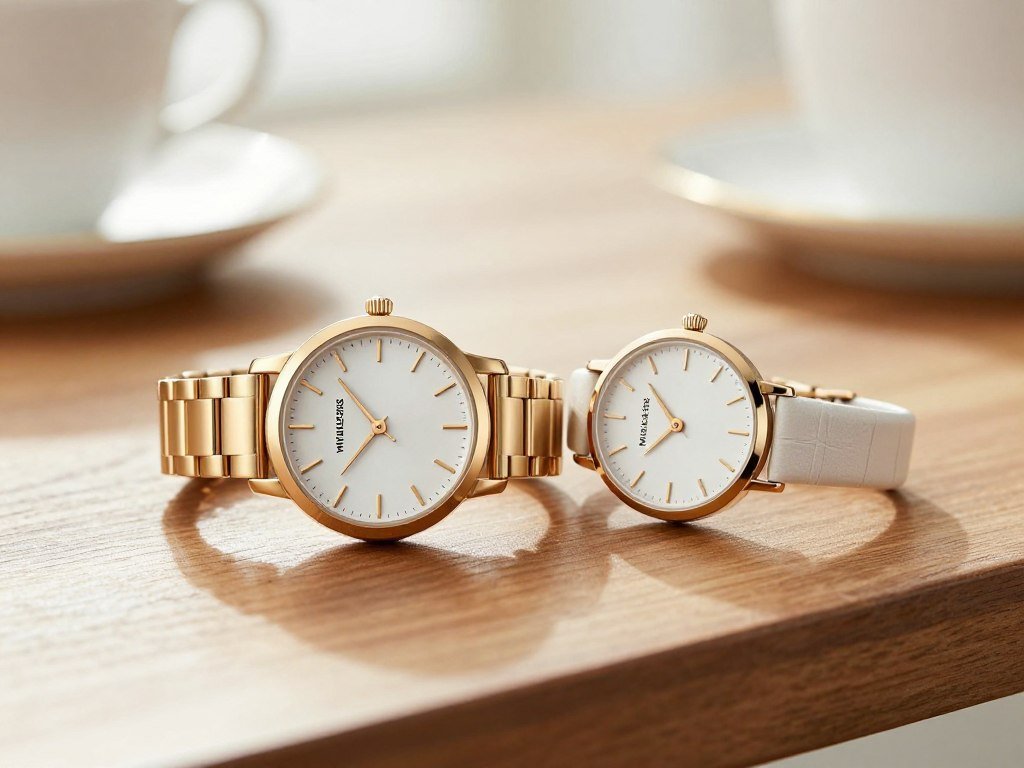 Gold-tone Michael Kors watch beside a simple dress watch