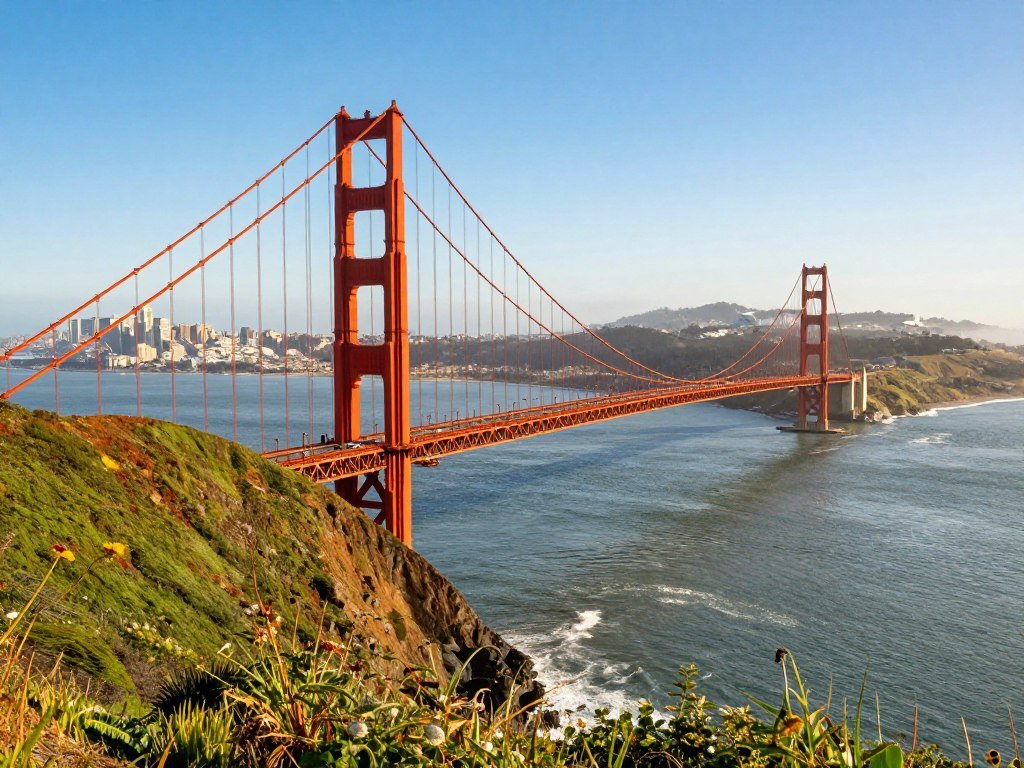 Golden Gate Bridge above San Francisco bay and waterfront Golden Gate Bridge above San Francisco bay and waterfront