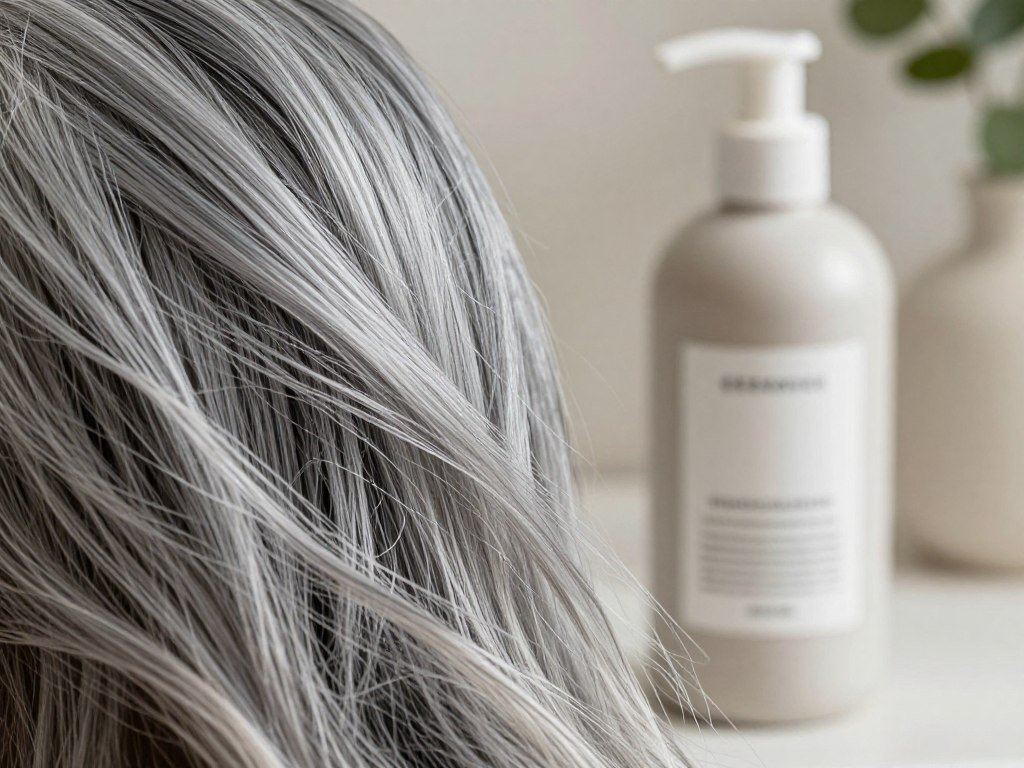 Gray hair showing its natural color beside a shampoo bottle Gray hair showing its natural color beside a shampoo bottle