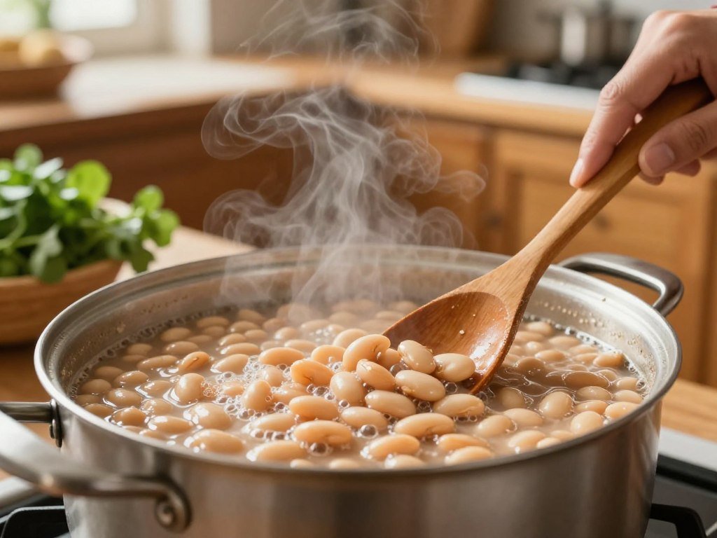 Great Northern beans bubbling at a gentle stove simmer
