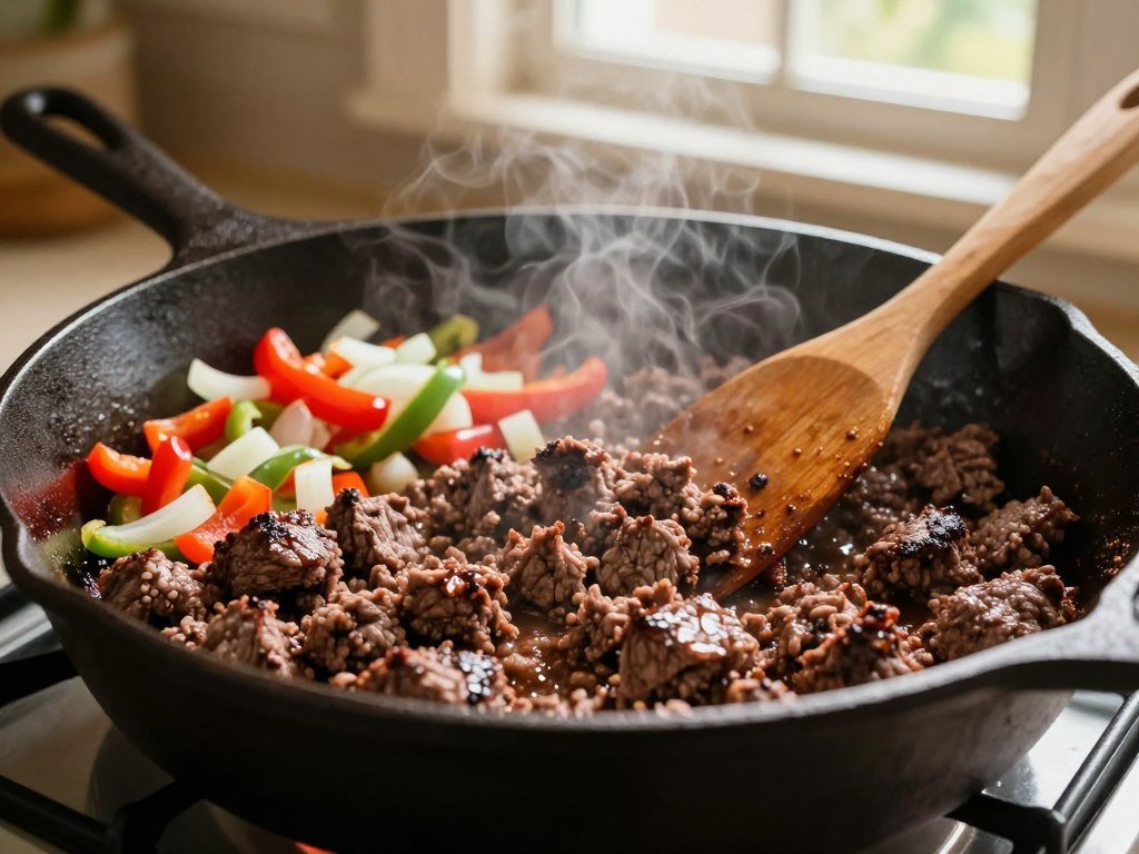 Ground beef breaking apart in a skillet for old-fashioned Sloppy Joes Ground beef breaking apart in a skillet for old-fashioned Sloppy Joes