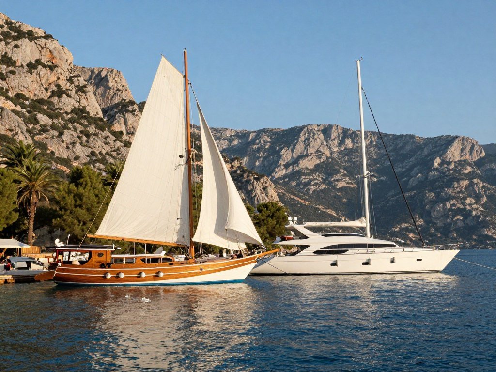 Gulet and sailing yacht sharing a sheltered Mediterranean bay Gulet and sailing yacht sharing a sheltered Mediterranean bay