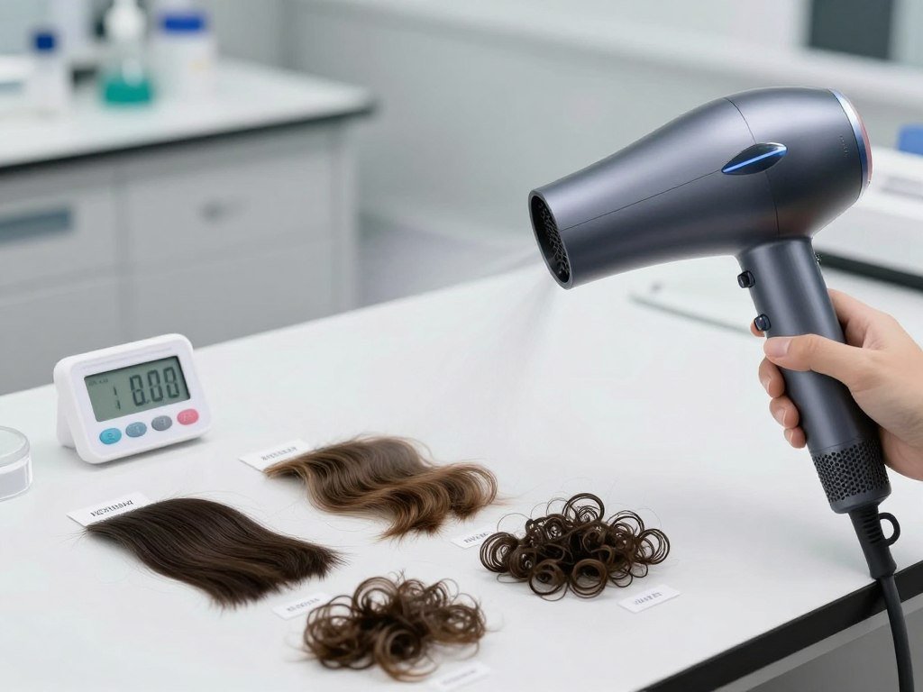 Hair dryer airflow and temperature tested on hair samples