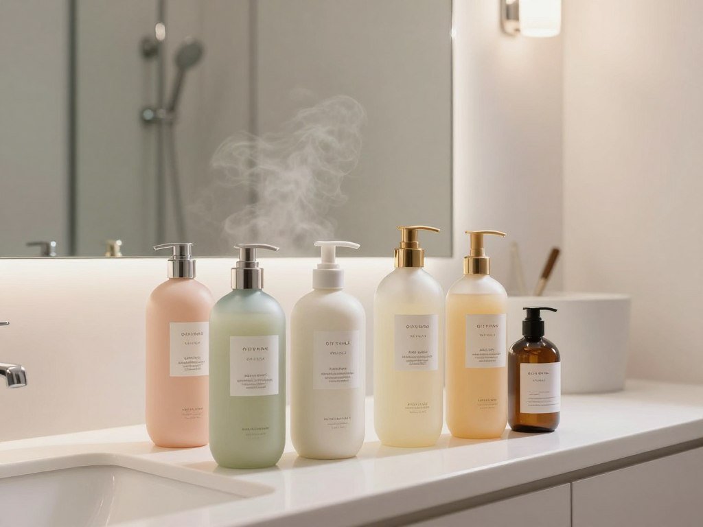 Hair products and shampoo near a shower after heat styling Hair products and shampoo near a shower after heat styling