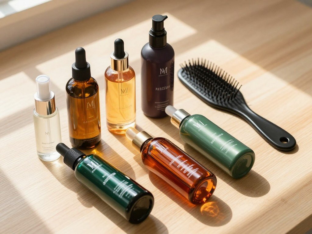 Hair serum choices beside a comb for split ends and frizz