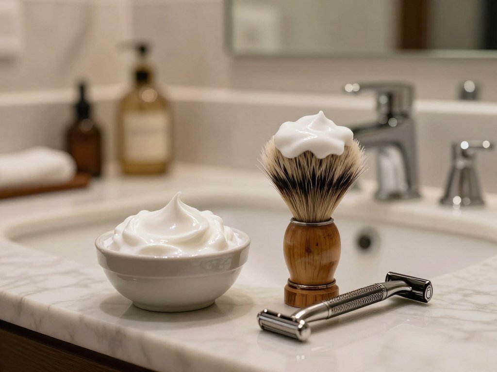 Hand-applied shaving cream, brush, and razor on a sink