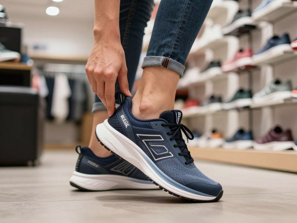Hands-free heel flexing as a shopper steps into a running shoe Hands-free heel flexing as a shopper steps into a running shoe